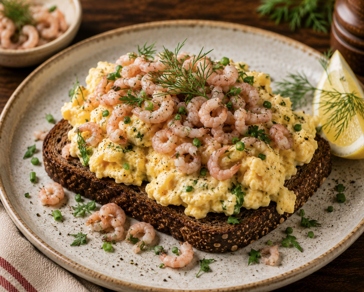 Nordseekrabben & Rührei auf frischem Schwarzbrot