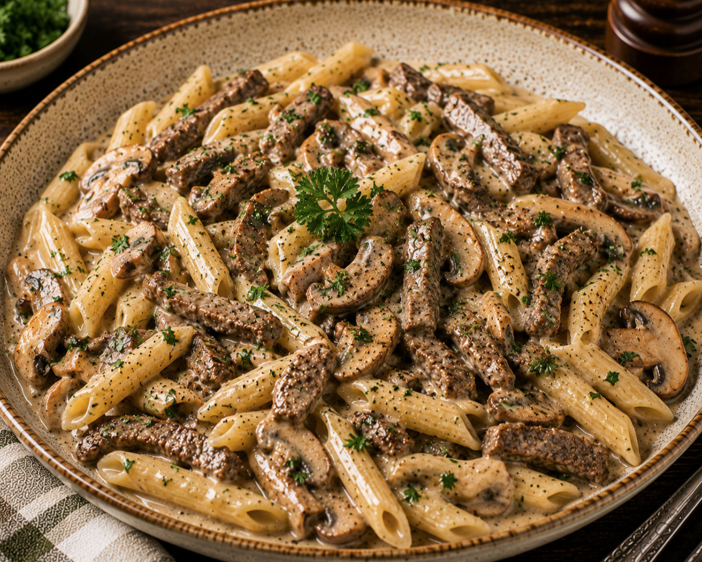 Penne mit Rindersteakstreifen