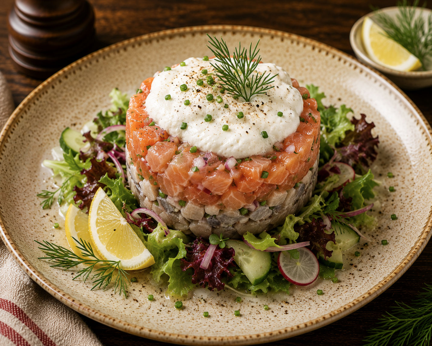 Tatar von Räucherlachs & Matjes auf Salatbukett